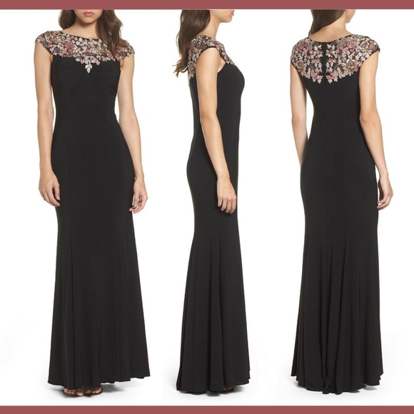 NWT XSCAPE Floral Yoke Jersey Gown Black [SZ 12‎ ] - Picture 1 of 14